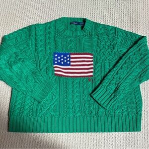 Polo by Ralph Lauren Green Cable-Knit Flag Sweater 100% Cotton NWOT